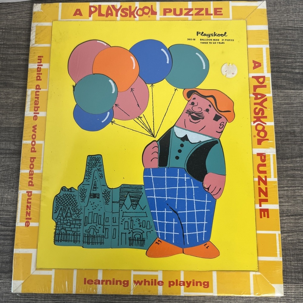 Vintage Playskool #360-18 Balloon Man Wood Tray 21 Piece Board Puzzle Inlays New